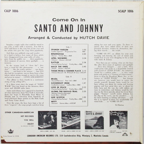 Santo & Johnny : Come On In (LP, Album, Mono)