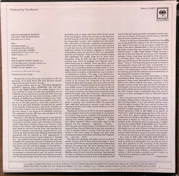 The Dave Brubeck Quartet : The Last Time We Saw Paris (LP, Album, Ter)