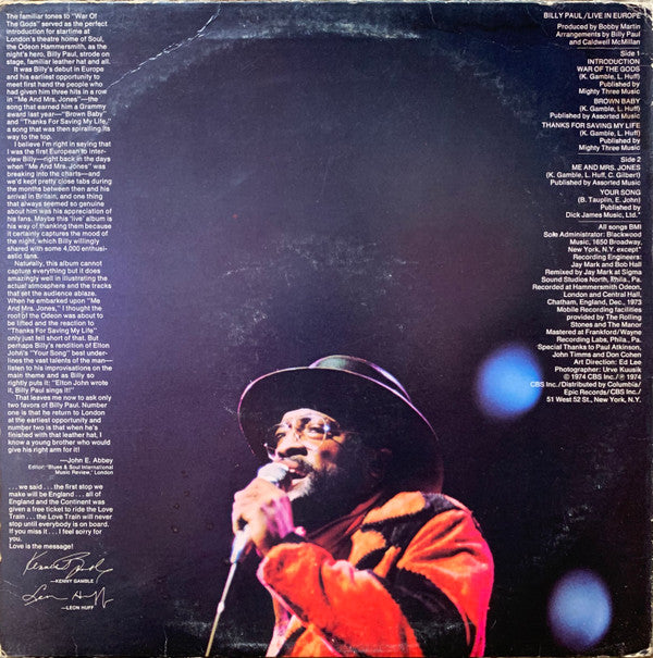 Billy Paul : Live In Europe (LP, Album, Pit)