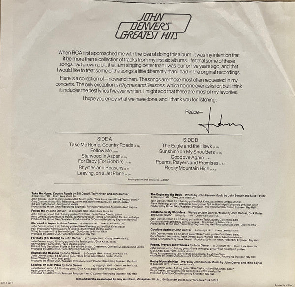 John Denver : John Denver's Greatest Hits (LP, Comp, Ora)