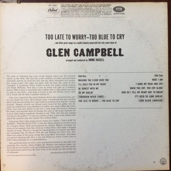 Glen Campbell : Too Late To Worry-Too Blue To Cry (LP, Album)