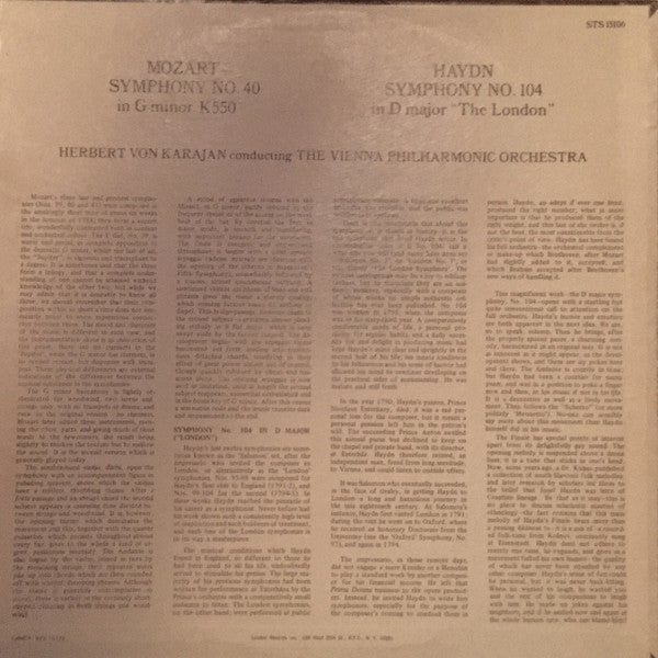 Mozart* / Haydn* - Vienna Philharmonic*, Herbert Von Karajan : Mozart Symphony In G Minor, K. 550 / Haydn Symphony In D Major, No. 104 (LP, Album, RE)