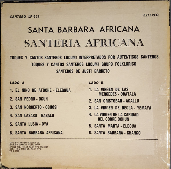 Grupo Folklorico Santero De Justi Barreto* : Santa Barbara Africana (LP, Album)