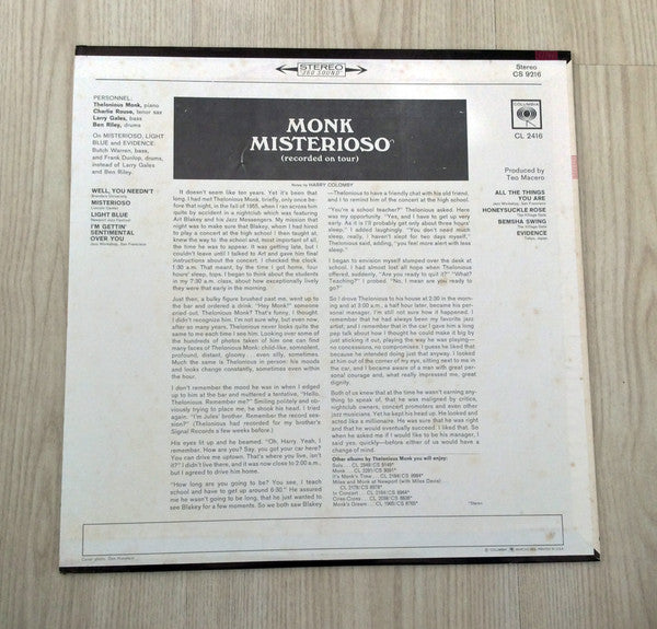Thelonious Monk : Misterioso (Recorded On Tour) (LP, Album, RE)
