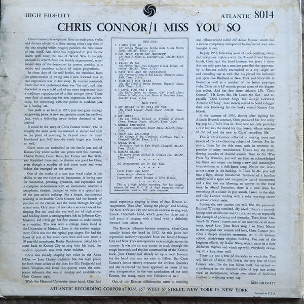 Chris Connor : I Miss You So (LP, Album, Mono)