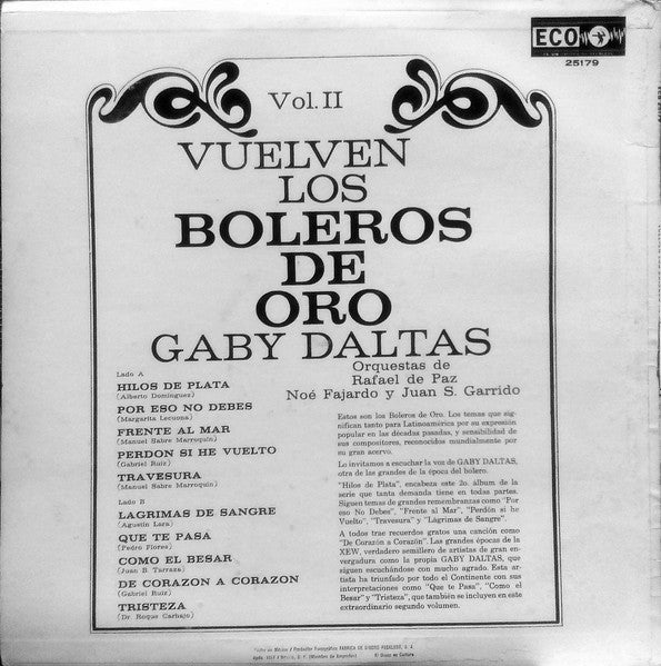 Gaby Daltas Orquestas De: Orquesta Rafael De Paz, Orquesta De Noé Fajardo Y Orquesta De Juan S. Garrido : Vuelven Los Boleros De Oro Vol.2 (LP, Album, RE)