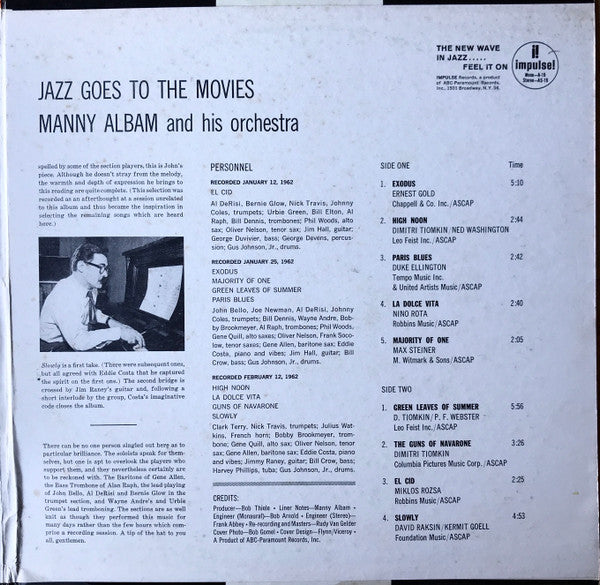 Manny Albam And His Orchestra : Jazz Goes To The Movies (LP, Album, RE, RP)