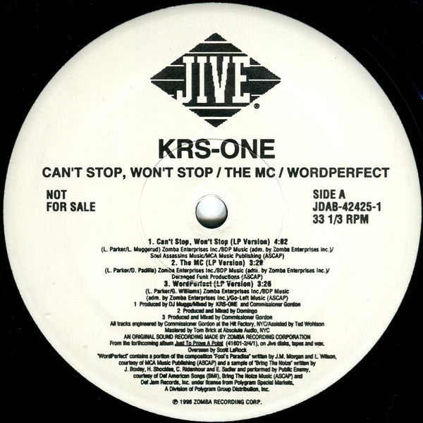 KRS-One : Can't Stop, Won't Stop / The MC / Word Perfect (12", Promo)