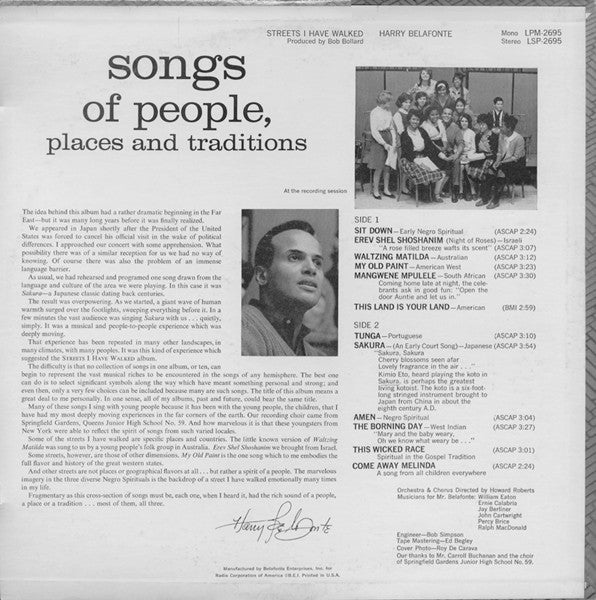 Harry Belafonte : Streets I Have Walked (LP, Album, Ind)
