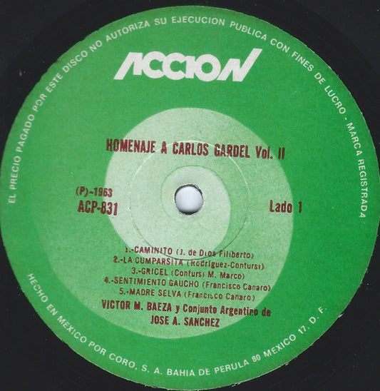 Victor M. Baeza Y Conjunto Argentino De José A. Sánchez : Homenaje A Carlos Gardel Vol. II (LP, Album)