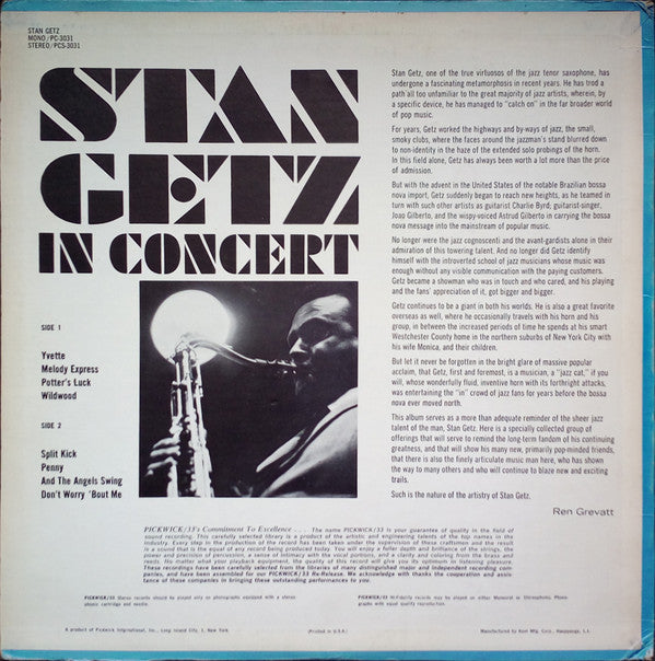 Stan Getz : Stan Getz In Concert (LP, Album, Mono)