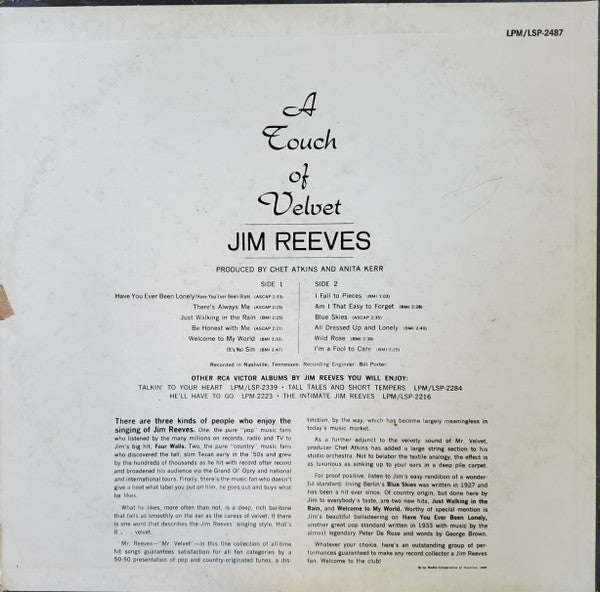 Jim Reeves : A Touch Of Velvet (LP, Album, Mono, Roc)