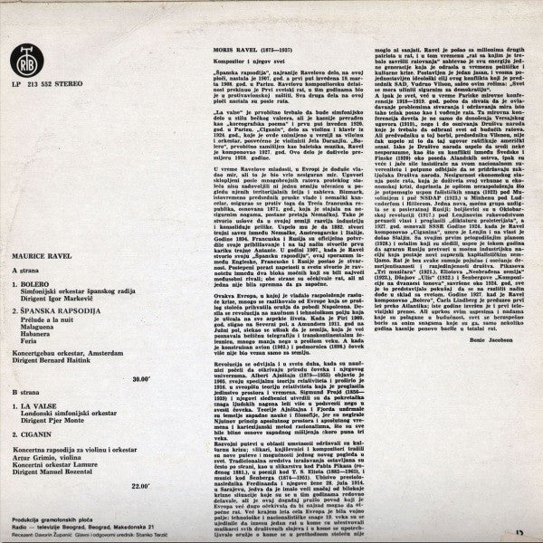 Maurice Ravel, Arthur Grumiaux, Bernard Haitink, Igor Markevitch, Pierre Monteux, Manuel Rosenthal : Bolero / Rapsodie Espagnole / La Valse / Tzigane (LP, Comp)
