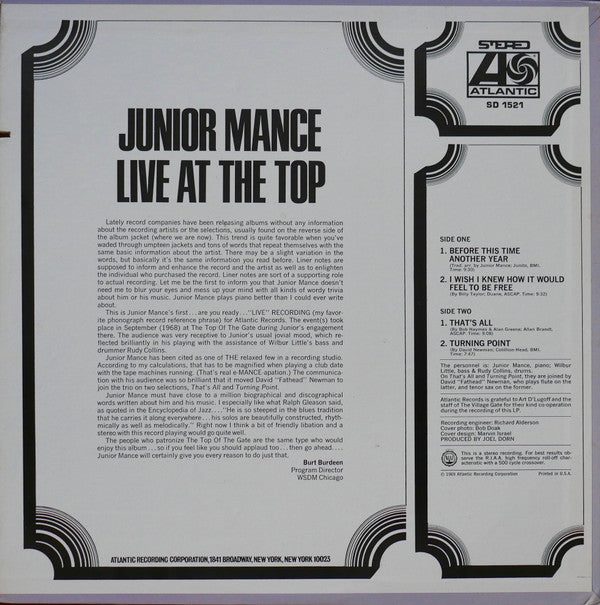 Junior Mance Guest Artist: David "Fathead" Newman : Live At The Top (LP)