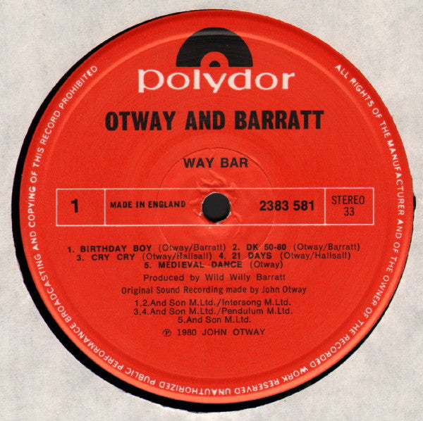 John Otway & Wild Willy Barrett : Way & Bar (LP, Album, Blu)