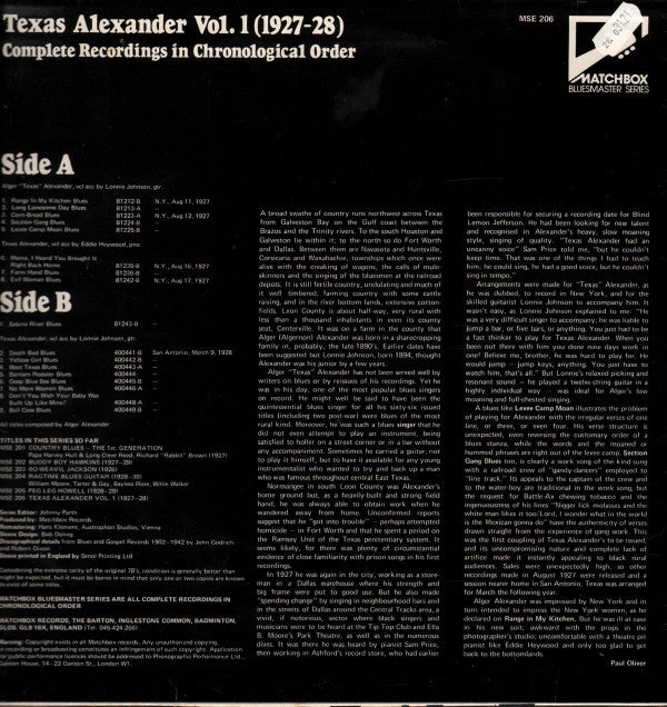Texas Alexander : Texas Alexander Vol. 1 (1927-28) (Complete Recordings In Chronological Order) (LP, Album, Comp, Mono, RM)