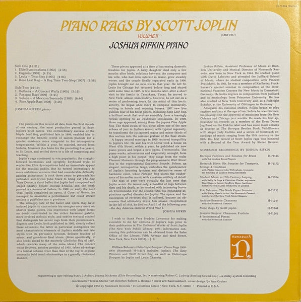 Scott Joplin - Joshua Rifkin : Piano Rags, Volume II (LP, Album)