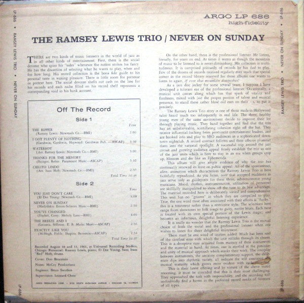 The Ramsey Lewis Trio : Never On Sunday (LP, Album, Mono)