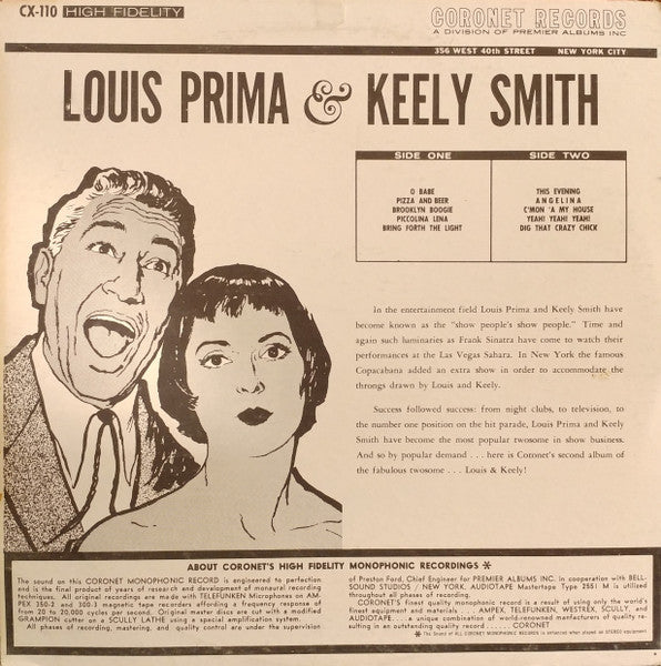 Louis Prima & Keely Smith : Louis Prima & Keeley Smith On Broadway (LP, Album, Mono)