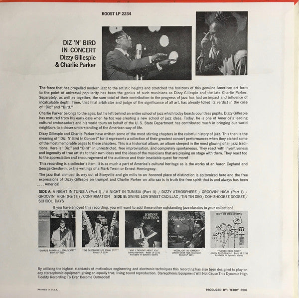 Dizzy Gillespie & Charlie Parker : Diz 'N' Bird In Concert (LP, Album, Comp, Mono, Dee)