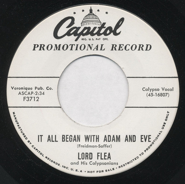 Lord Flea & His Calypsonians : It All Began With Adam And Eve / Donkey Bray (7", Single, Promo)