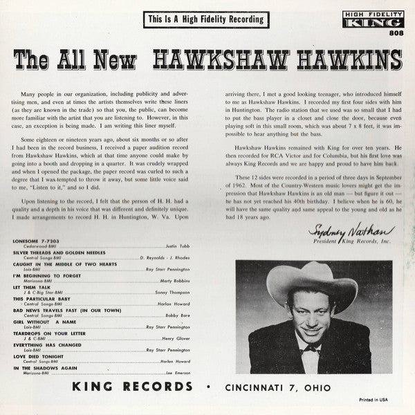 Hawkshaw Hawkins : The All New Hawkshaw Hawkins (LP, Album, Mono)
