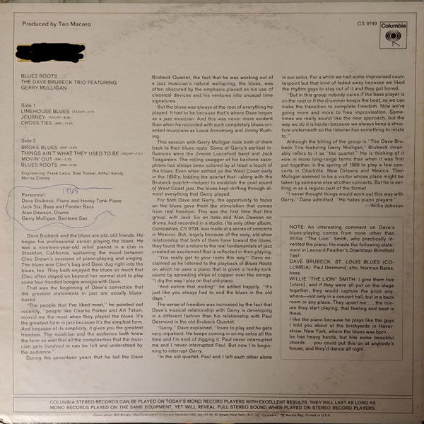 The Dave Brubeck Trio Featuring Gerry Mulligan : Blues Roots (LP, Album)