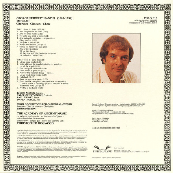 Georg Friedrich Händel, Judith Nelson, Carolyn Watkinson, Paul Elliott, David Thomas (9), Christopher Hogwood, The Choir Of Christ Church Cathedral, The Academy Of Ancient Music : Messiah (Choruses = Choeurs = Chöre) (LP)