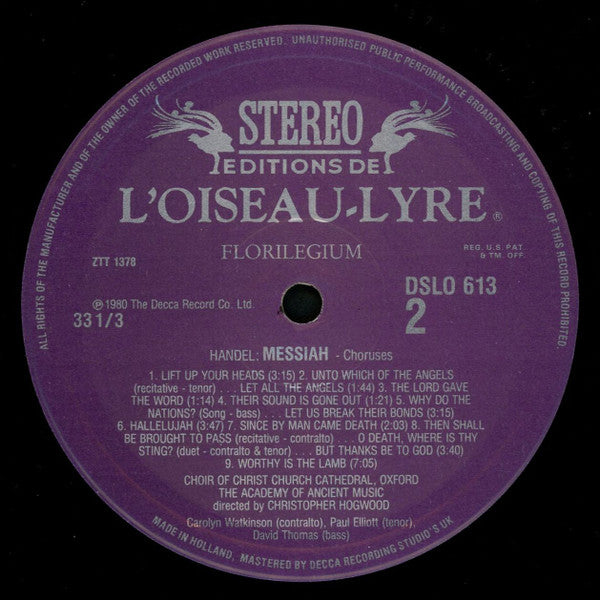 Georg Friedrich Händel, Judith Nelson, Carolyn Watkinson, Paul Elliott, David Thomas (9), Christopher Hogwood, The Choir Of Christ Church Cathedral, The Academy Of Ancient Music : Messiah (Choruses = Choeurs = Chöre) (LP)