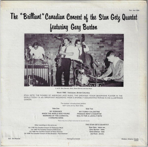 Stan Getz Quartet : The "Brilliant" Canadian Concert Of Stan Getz (LP, Album)