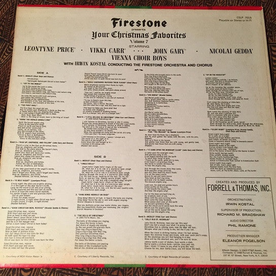 Leontyne Price, Vikki Carr, John Gary, Nicolai Gedda, Die Wiener Sängerknaben, The Firestone Orchestra And Chorus Conducted By Irwin Kostal : Firestone Presents Your Christmas Favorites Volume 7 (LP, Album, Roc)