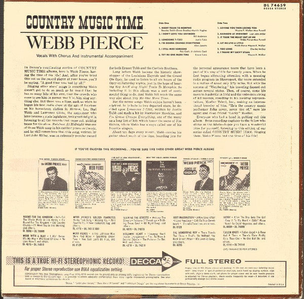 Webb Pierce : Country Music Time (LP, Album, Glo)