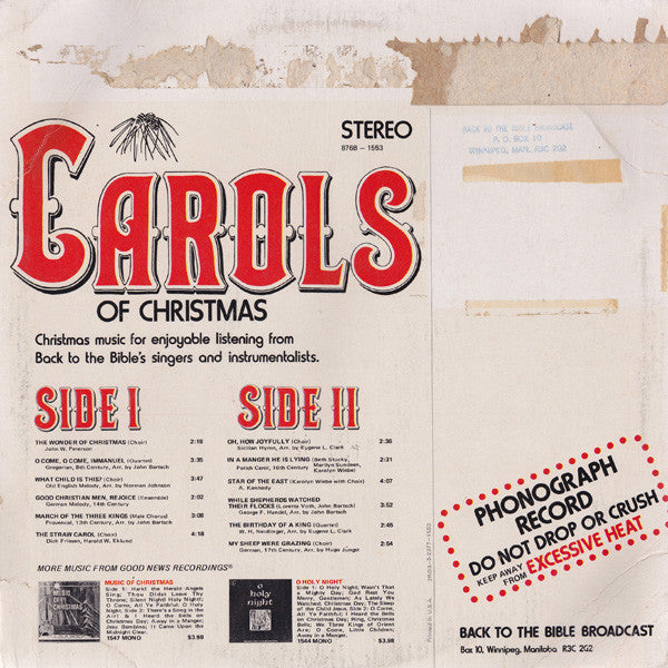 Back To The Bible Broadcast Choir : Carols Of Christmas (LP, Album)