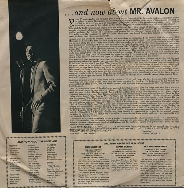 Frankie Avalon : ... And Now About Mr. Avalon (LP, Album, Mono)