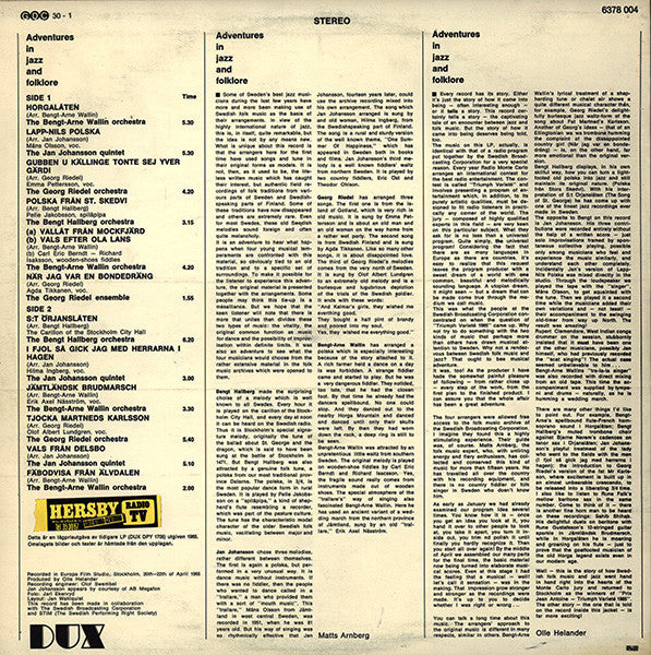 Bengt-Arne Wallin / Jan Johansson / Georg Riedel / Bengt Hallberg : Adventures In Jazz And Folklore (LP, Album, RE)