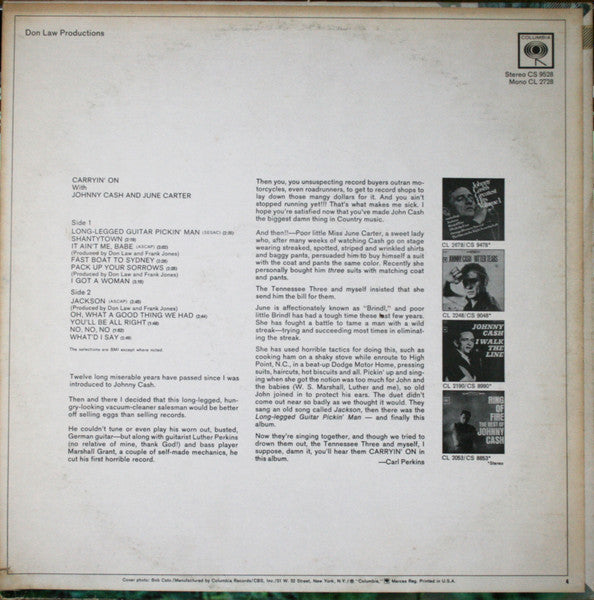 Johnny Cash & June Carter : Carryin' On With Johnny Cash & June Carter (LP, Album, Ter)