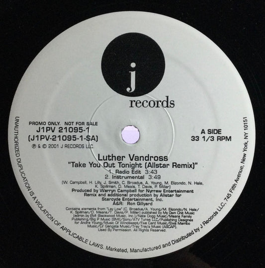 Luther Vandross : Take You Out Tonight (Allstar Remix) (12", Promo)