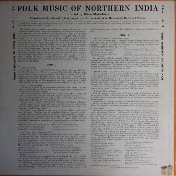 Deben Bhattacharya : Folk Songs And Dances Of North India (LP, Album, Mono)