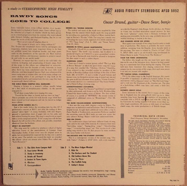 Oscar Brand With David Sear : Bawdy Songs Goes To College (LP, Album)