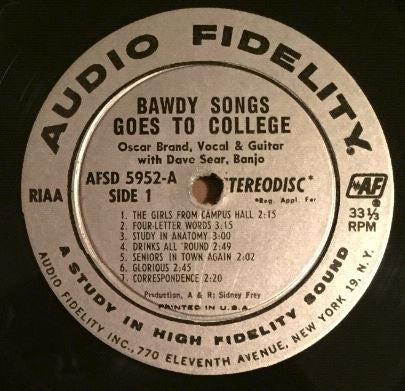 Oscar Brand With David Sear : Bawdy Songs Goes To College (LP, Album)