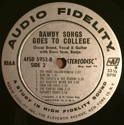 Oscar Brand With David Sear : Bawdy Songs Goes To College (LP, Album)