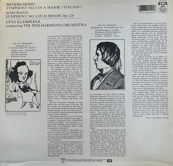Felix Mendelssohn-Bartholdy, Robert Schumann, Philharmonia Orchestra, Otto Klemperer : Symphony No. 4 In A Major,"Italian" (LP, Album)